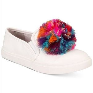 Betsey Johnson Trixy Pom Pom White Slip On Shoes